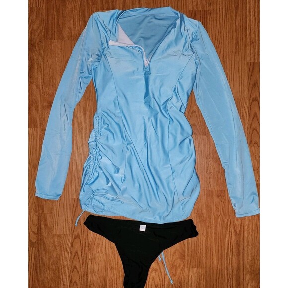 Womens  Blue Rashguard Long Sleeve Top With Black Bikini Bottom Sz L UFP Beach - Picture 10 of 16